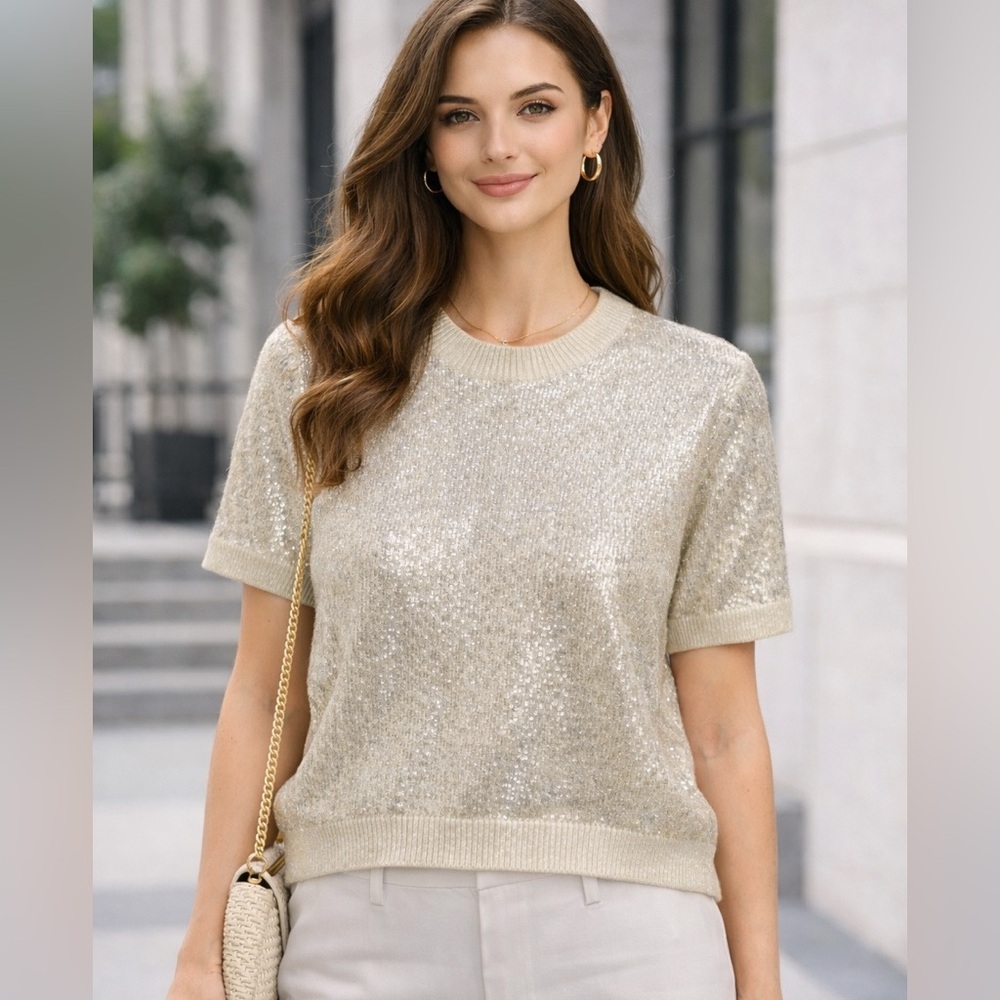 NWT Bar III Champagne Sequin Short-Sleeve Knit Top Size S
